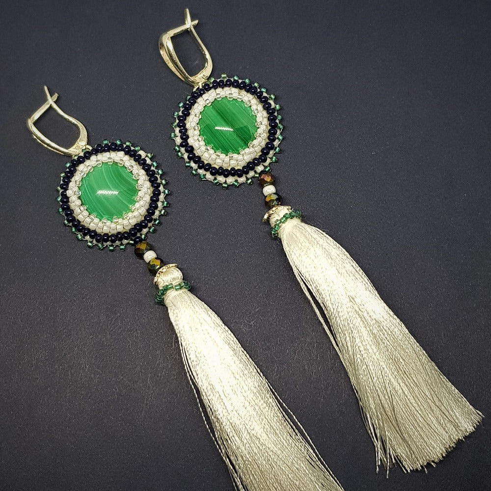   malachite tassel earrings handmade money amulet