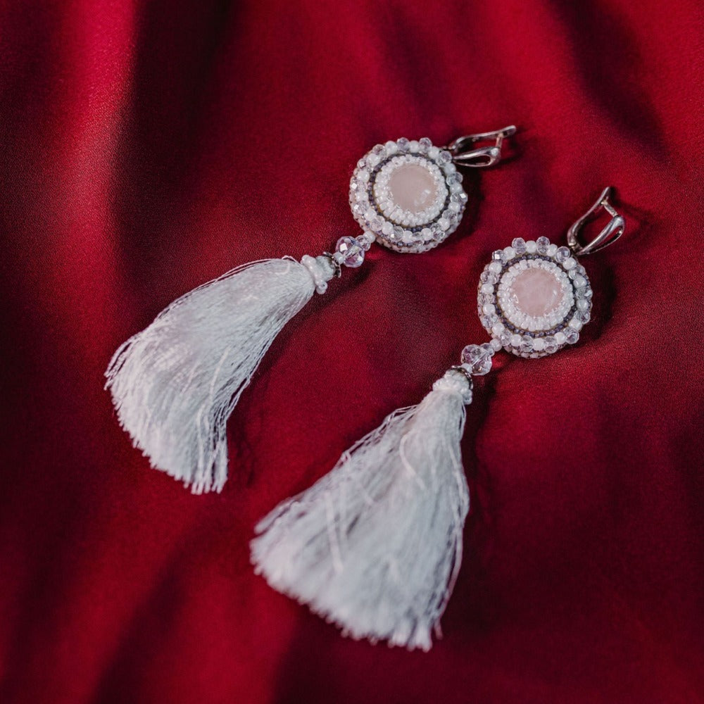   rose quartz tassel earrings witchcraft alchemy magic wedding bridal earrings